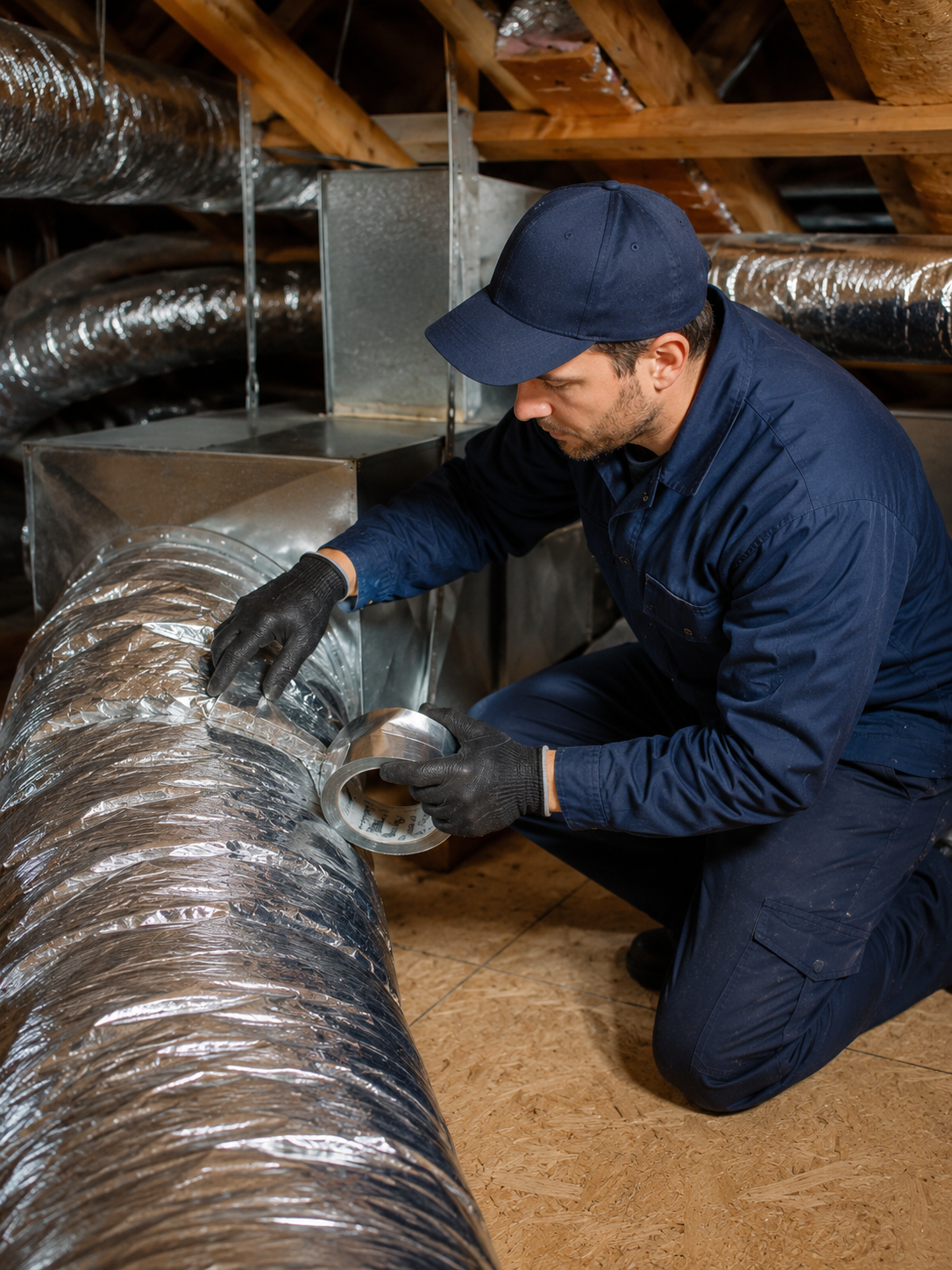 HVAC technician repairing and sealing flexible ductwork inside residential attic in Fort Walton Beach FL