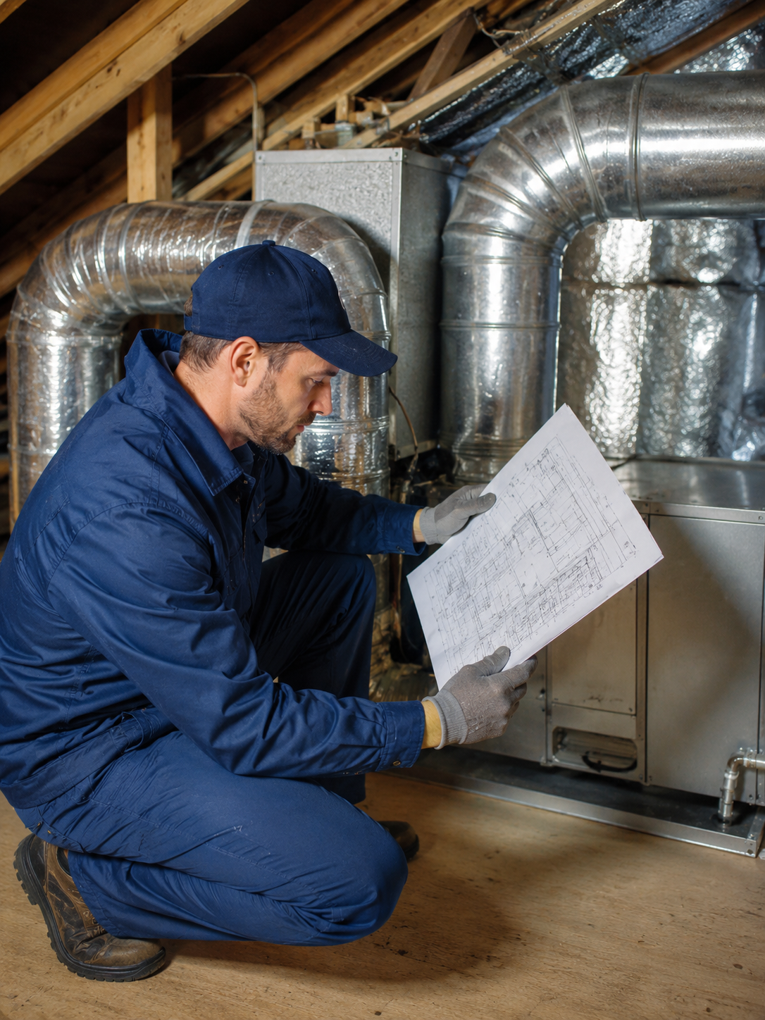 HVAC technician reviewing ductwork design blueprints for residential installation in Fort Walton Beach FL