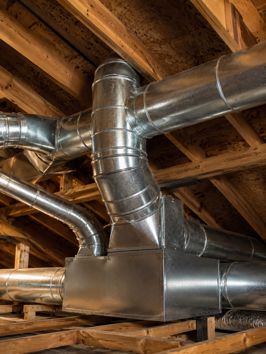 Residential HVAC ductwork system installed in home attic showing custom duct layout in Fort Walton Beach FL
