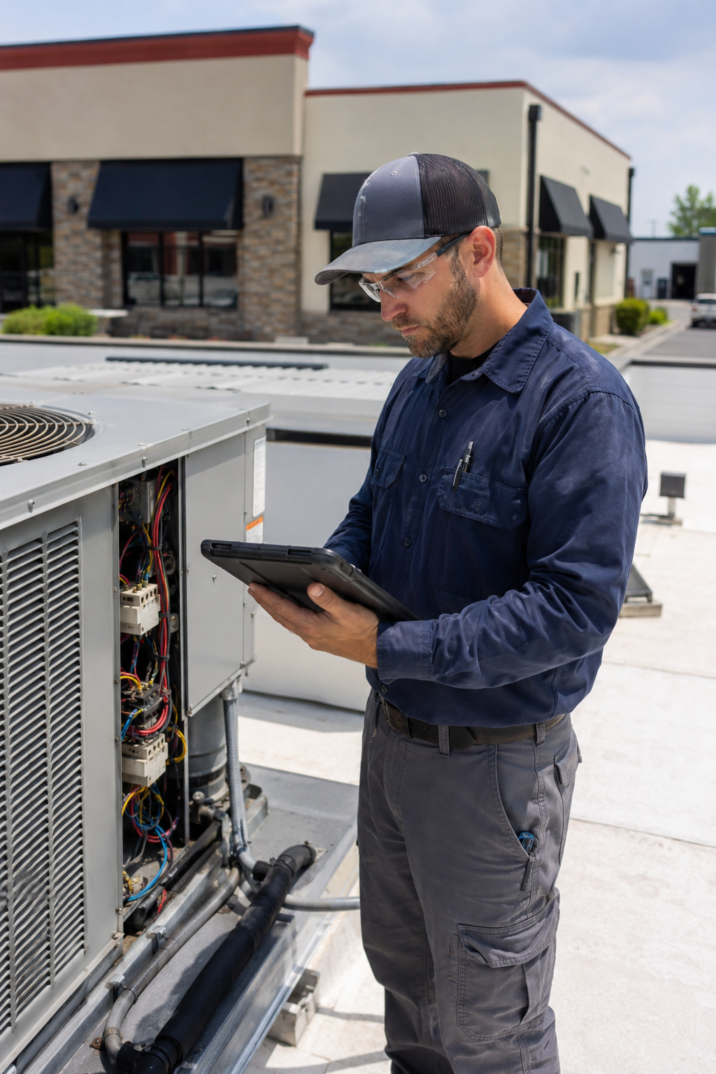 HVAC technician inspecting commercial rooftop AC unit for Fort Walton Beach business breakdown cost assessment
