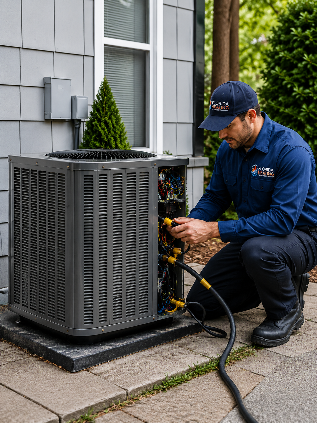 Florida Heating technician installing outdoor AC unit electrical connections in Fort Walton Beach FL