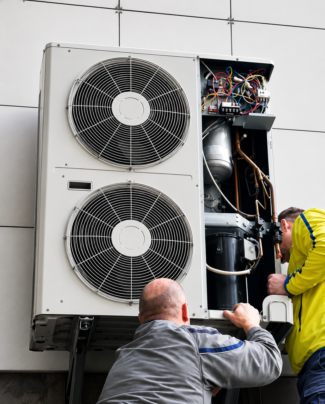 Two HVAC technicians performing maintenance inspection on outdoor AC unit in Fort Walton Beach FL