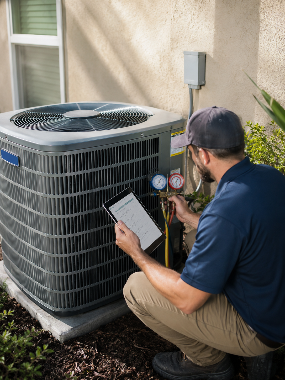 HVAC technician assessing AC system specifications for HVAC systems sale in Fort Walton Beach FL