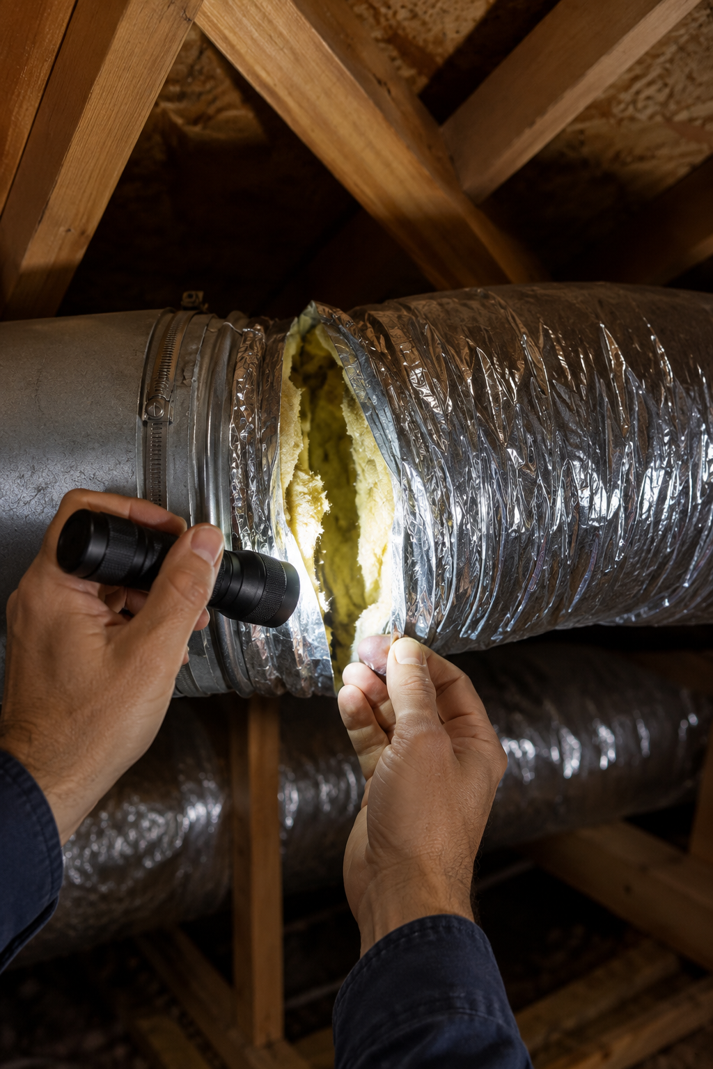 Disconnected flex ductwork joint in residential attic showing signs of poor installation in Fort Walton Beach FL