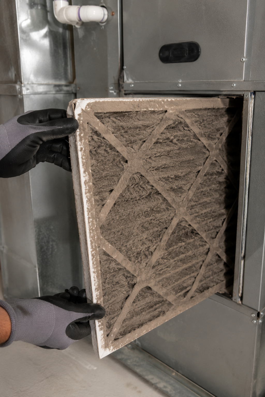 Dirty basic HVAC filter being removed from air handler — Fort Walton Beach coastal home air quality