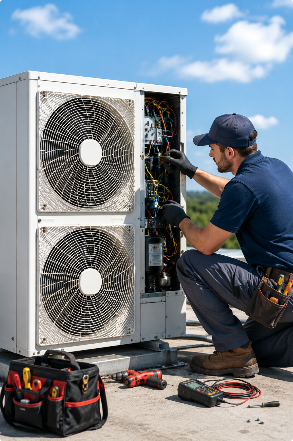 HVAC technician repairing rooftop AC unit electrical components in Fort Walton Beach FL