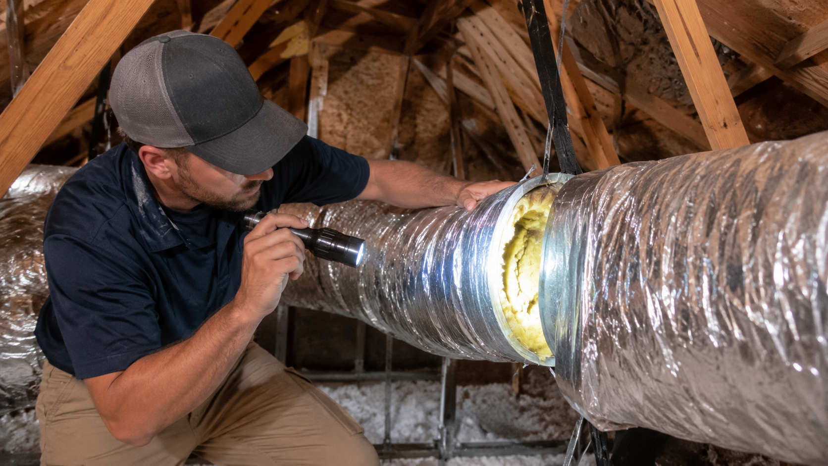HVAC technician inspecting exposed flex duct insulation for poorly installed ductwork signs in Fort Walton Beach